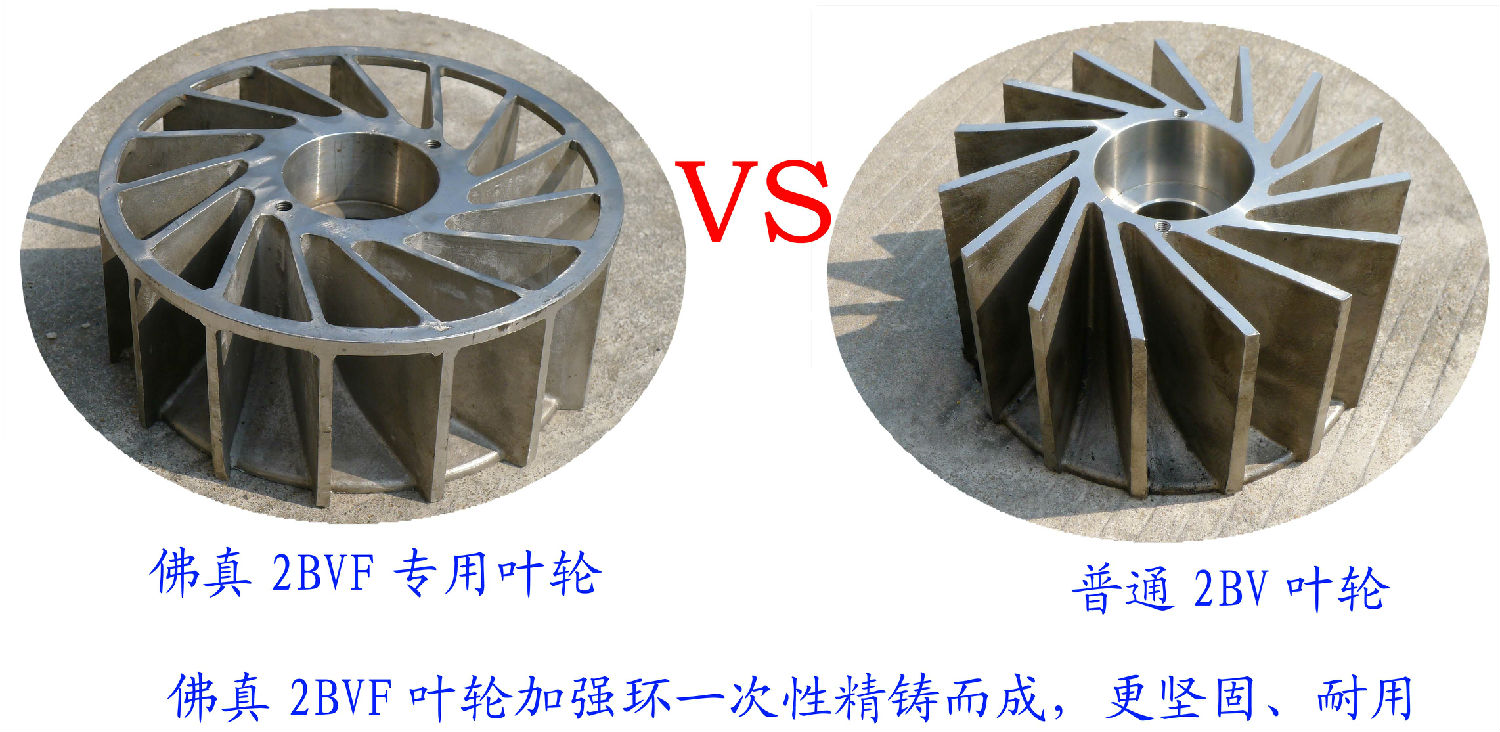 2BVF水環(huán)式真泵葉輪采用一次性精鑄加強(qiáng)環(huán)，使水環(huán)式真空泵更堅(jiān)固、耐用